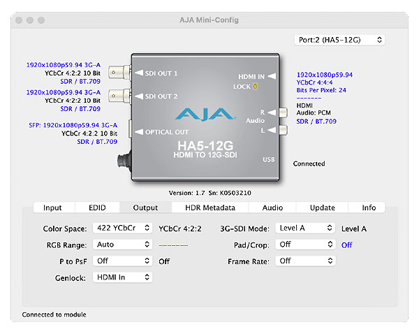 AJA HA5-12G UI Output Tab
