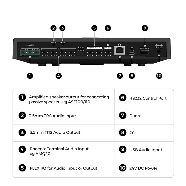With a speaker interface, microphone inputs, analog I/O, RJ45, USB, RS232, and Flex ports