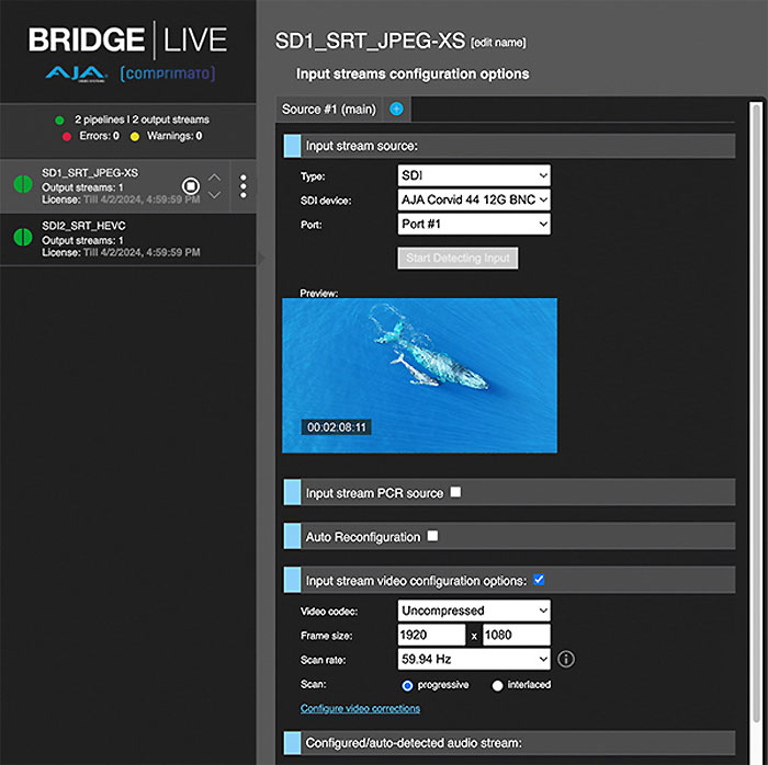 AJA BRIDGE LIVE Input Streams Configuration Options